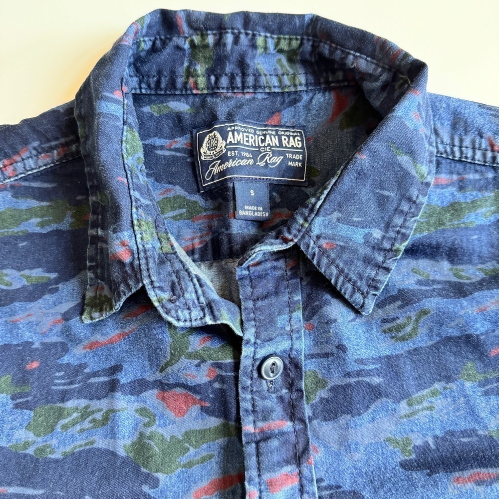 American Rag - Button Down Short Sleeve Camo Shirt in Blue - Picture 3 of 4